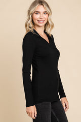 Black Ribbed Collared Long Sleeve Top