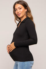 Black Ribbed Collared Long Sleeve Maternity Top