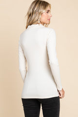 Cream Ribbed Collared Long Sleeve Top