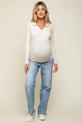 Cream Ribbed Collared Long Sleeve Maternity Top