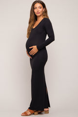 Black Solid Long Sleeve Scoop Neck Maternity Maxi Dress