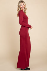 Burgundy Solid Long Sleeve Scoop Neck Maxi Dress