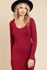 Burgundy Solid Long Sleeve Scoop Neck Maxi Dress