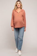 Rust Button Accent Hooded Maternity Henley Top