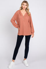 Rust Button Accent Hooded Maternity Henley Top