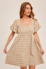 Taupe Plaid Square Neck Short Puff Sleeve Maternity Dress