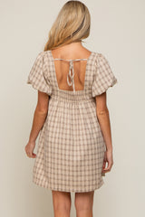 Taupe Plaid Square Neck Short Puff Sleeve Maternity Dress