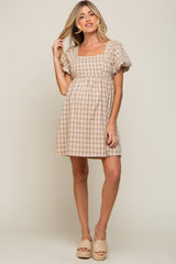 Taupe Plaid Square Neck Short Puff Sleeve Maternity Dress