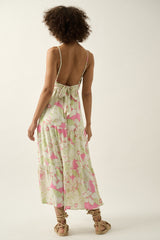 Pink Mint Floral V Neck Wrap Open Back Maxi Dress