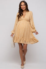 Yellow Floral Smocked Long Sleeve Maternity Dress