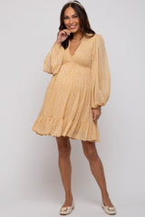 Yellow Floral Smocked Long Sleeve Maternity Dress