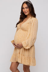 Yellow Floral Smocked Long Sleeve Maternity Dress