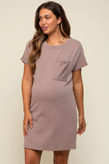 Mocha Ribbed Front Pocket Dolman Short Sleeve Maternity Dress
