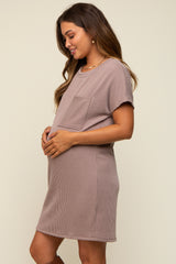 Mocha Ribbed Front Pocket Dolman Short Sleeve Maternity Dress