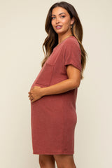 Rust Ribbed Front Pocket Dolman Short Sleeve Maternity Dress