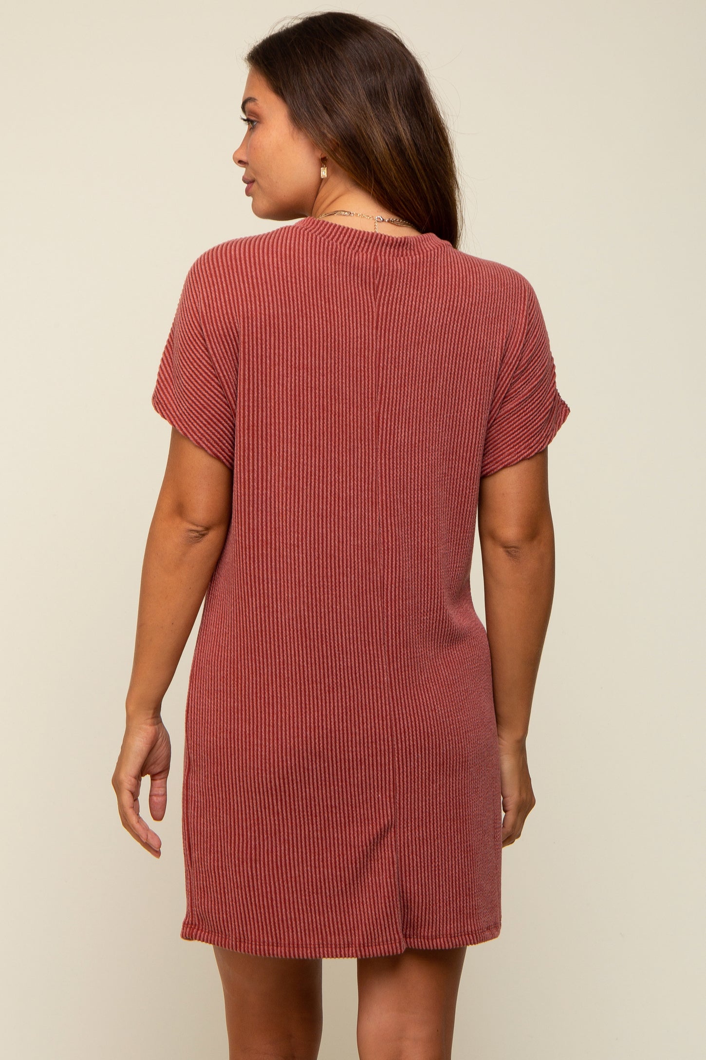 Rust Ribbed Front Pocket Dolman Short Sleeve Maternity Dress
