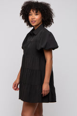 Black Puff Sleeve Mini Shirt Dress