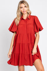 Rust Puff Sleeve Mini Shirt Dress