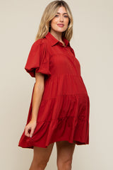 Rust Puff Sleeve Maternity Mini Shirt Dress
