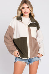 Olive Color Block Sherpa Contrast Pocket Jacket