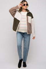 Olive Color Block Sherpa Contrast Pocket Maternity Jacket