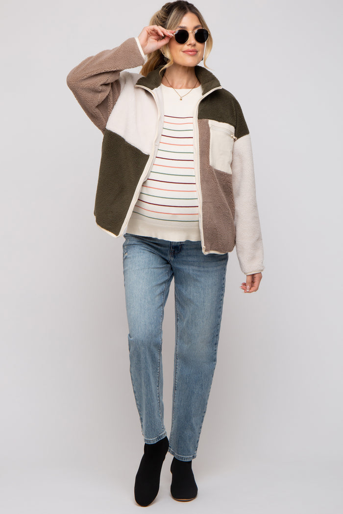 Olive Color Block Sherpa Contrast Pocket Maternity Jacket