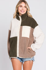 Olive Color Block Sherpa Contrast Pocket Maternity Jacket