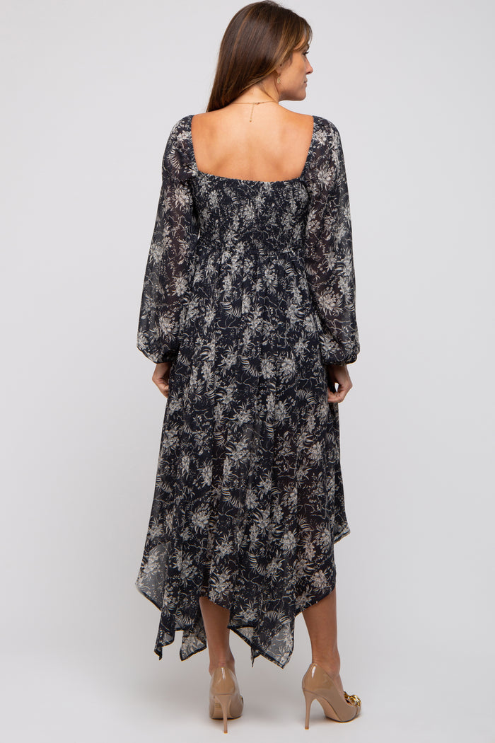 Charcoal Floral Chiffon Square Neck Button Front Midi Dress