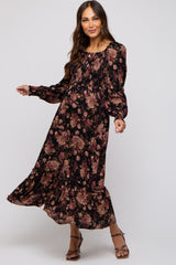 Black Floral Smocked Long Sleeve Maternity Midi Dress