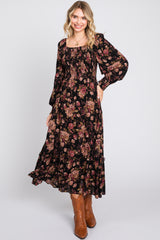 Black Floral Smocked Long Sleeve Maternity Midi Dress