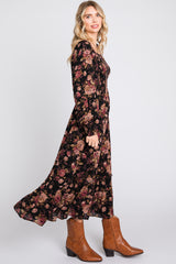 Black Floral Smocked Long Sleeve Midi Dress