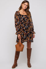 Black Floral Chiffon Square Neck Dress