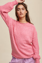 Pink Soft Knit Rolled Hem Sweater