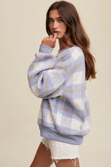 Light Blue Plaid Fuzzy Knit Pullover Sweater