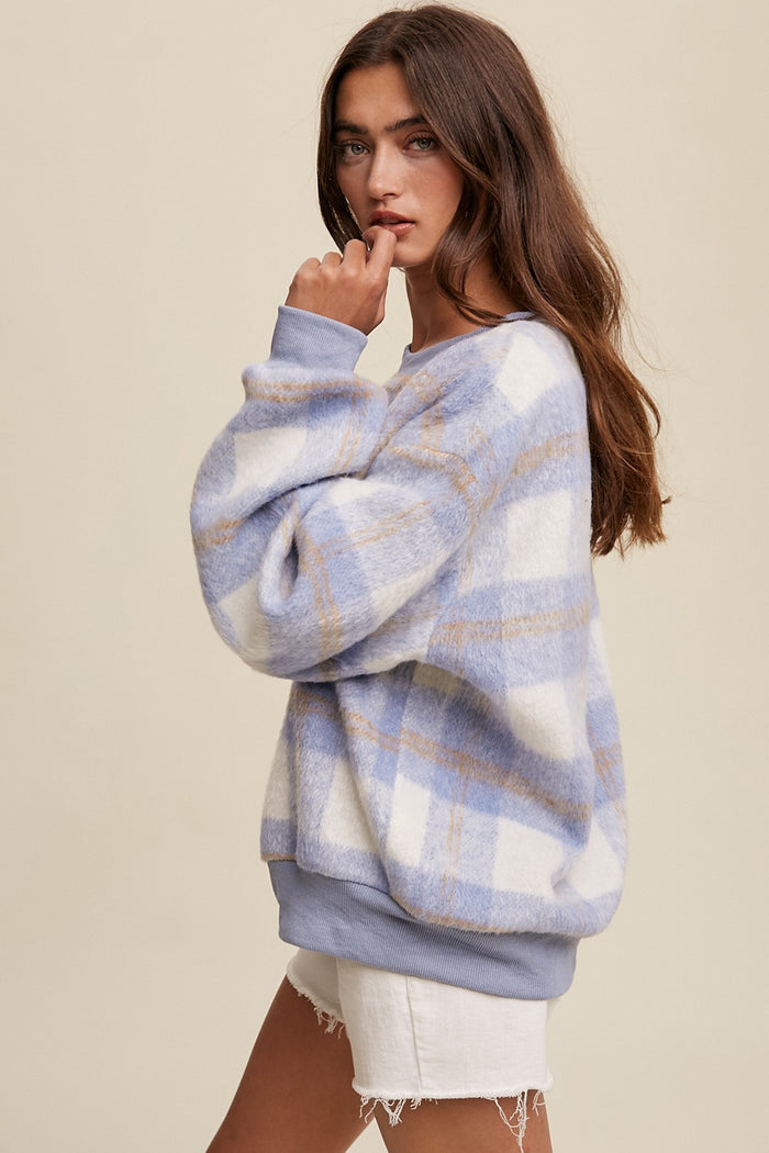 Light Blue Plaid Fuzzy Knit Pullover Sweater