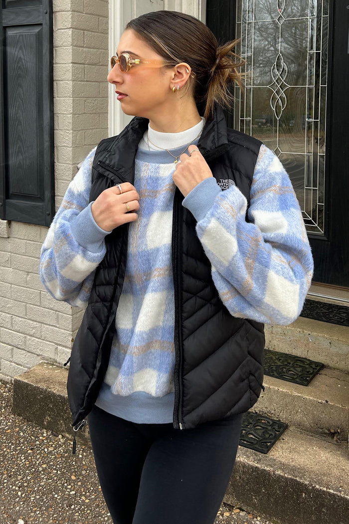 Light Blue Plaid Fuzzy Knit Pullover Sweater