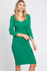 Green Ribbed Knit Long Sleeve Fitted Dress