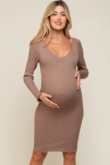 Taupe Ribbed Knit Long Sleeve Fitted Maternity Dress