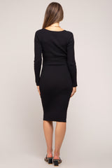 Black Ribbed Knit Fitted Long Sleeve Maternity Dress