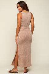 Beige Ribbed Sleeveless Side Slit Maternity Midi Dress