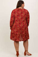 Red Leaf Print Long Sleeve Plus Dress