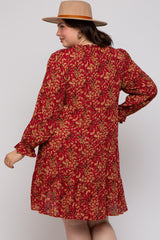 Red Leaf Print Long Sleeve Maternity Plus Dress