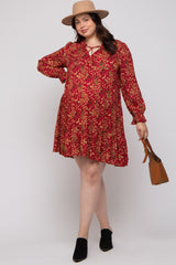 Red Leaf Print Long Sleeve Maternity Plus Dress