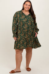 Forest Green Leaf Print Long Sleeve Plus Dress