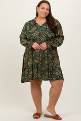 Forest Green Leaf Print Long Sleeve Plus Dress