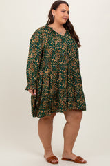 Forest Green Leaf Print Long Sleeve Plus Dress