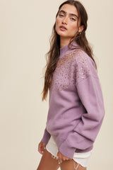 Purple Sequin Knit Mock Neck Sweater