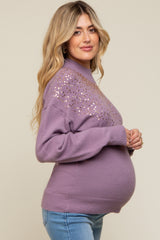 Purple Sequin Knit Mock Neck Maternity Sweater