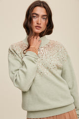 Mint Sequin Knit Mock Neck Maternity Sweater