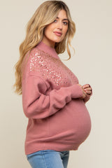 Mauve Sequin Knit Mock Neck Maternity Sweater